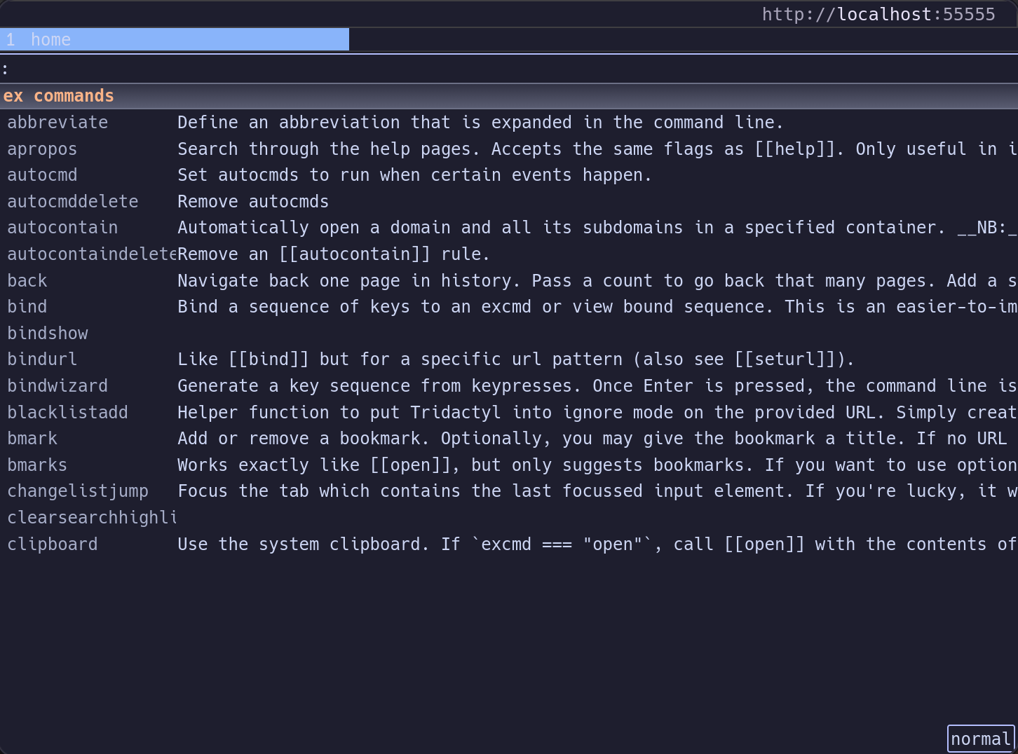 Firefox with the Tridactyl command line open.