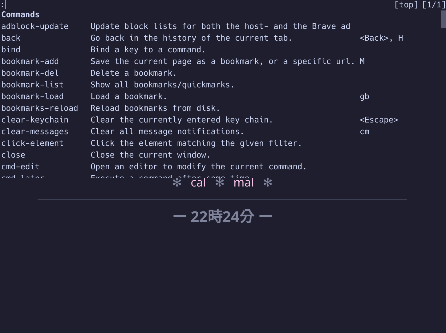 qutebrowser with the command line open.